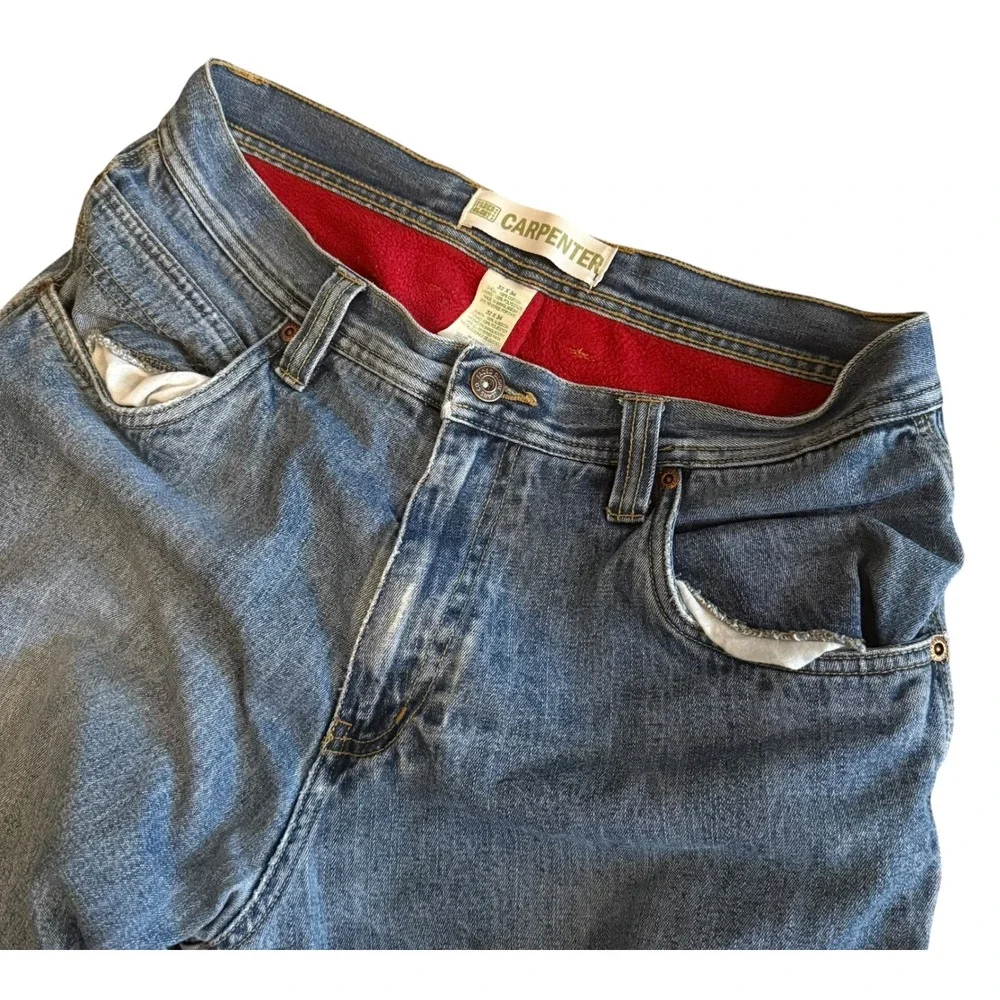 VTG Y2K Mens 32x34 Faded Glory Fleece Lined Carpenter Denim Blue Jeans Pants - Picture 1 of 5